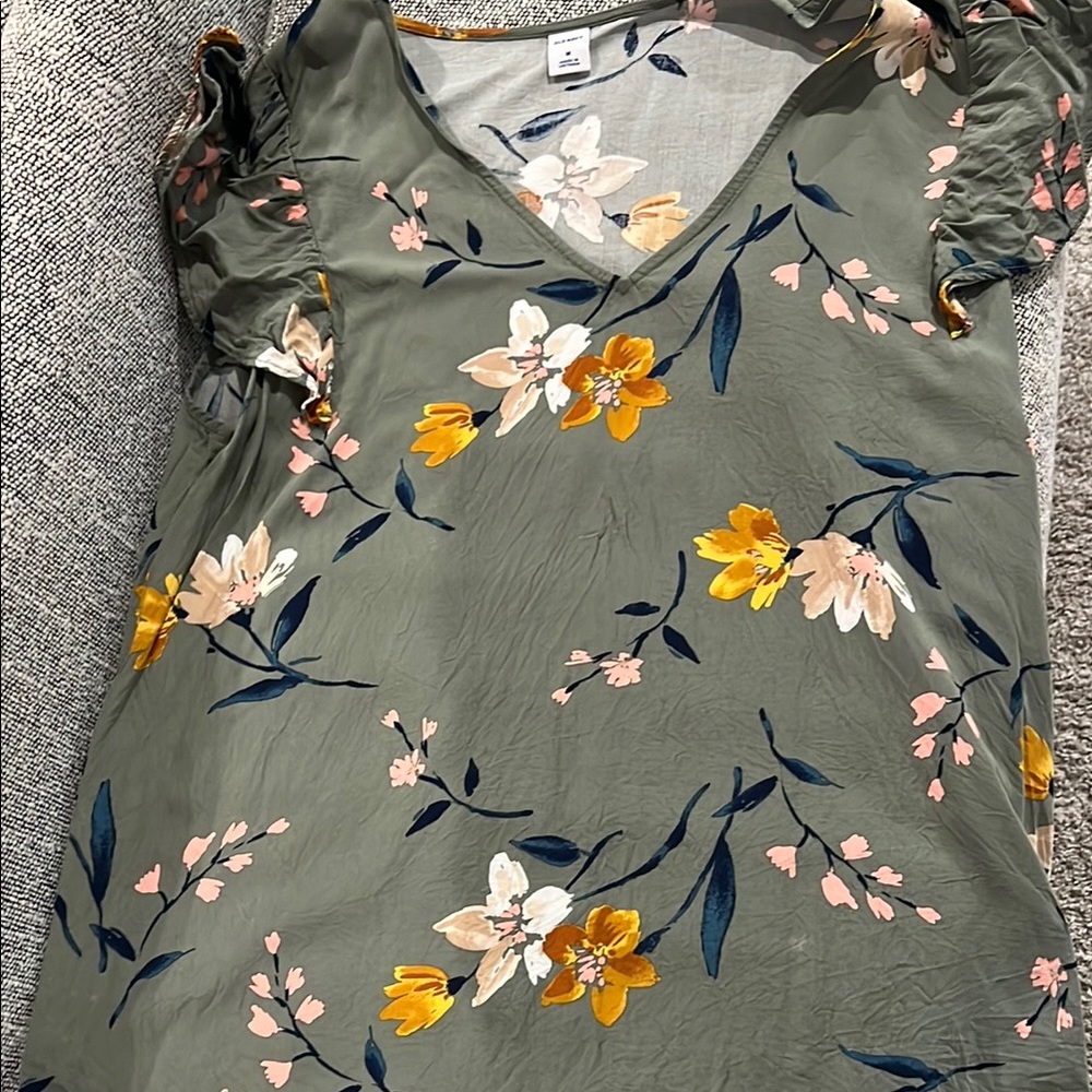 Floral V-Neck Top - Green and Yellow